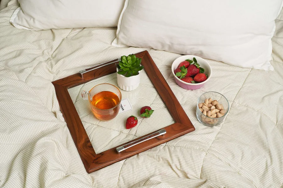 Wooden framed glass square serving tray
